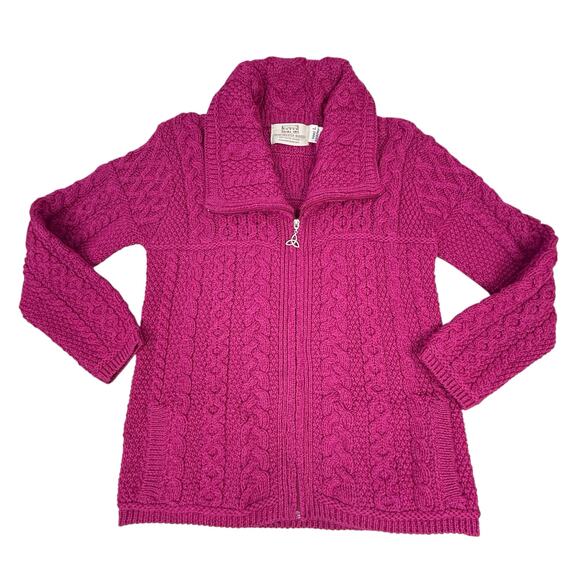 Aran Raspberry Pink Double Collar Merino Wool Sweater Full Zip Large Ireland - Picture 1 of 8